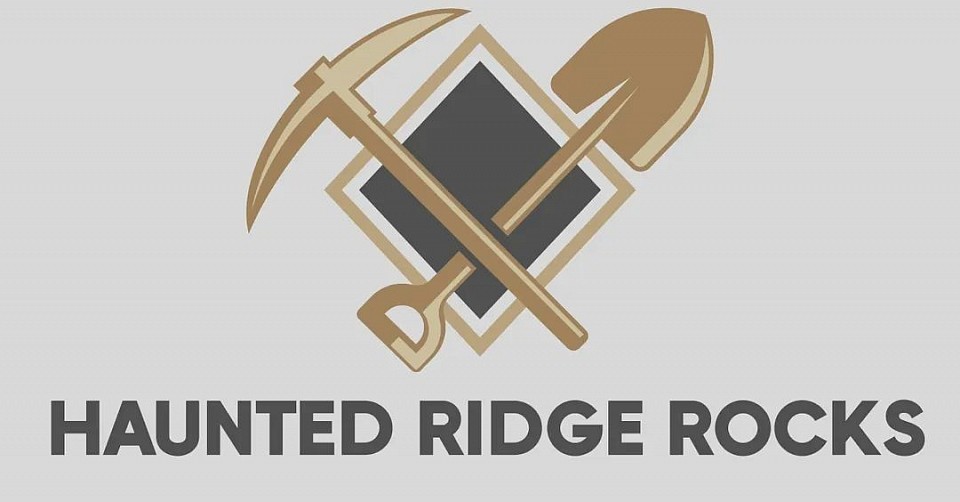 Haunted Ridge Logo with shovel and pickaxe crossed over diamond behind them