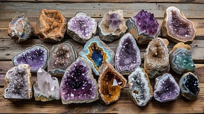 A collection of various amethyst geodes and crystals displayed on a wooden surface.